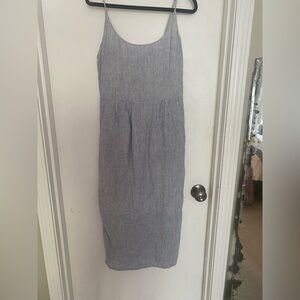 Quince European linen scoop neck Midi Dress in Blue and White - Small